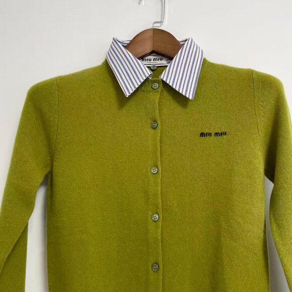 Miu Miu striped-collared knitted-logo cashmere cardigan - Picture 6 of 14